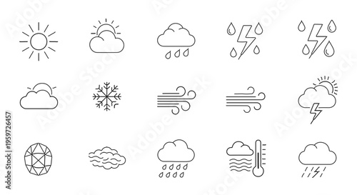 Collection of outline weather icons depicting sun, clouds, rain, wind, and snow for forecasts and design projects