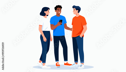 Three friends stand together, smiling and chatting. One holds a phone, showing something amusing. Their relaxed postures show easy camaraderie. Perfect for social, team, or casual connection themes