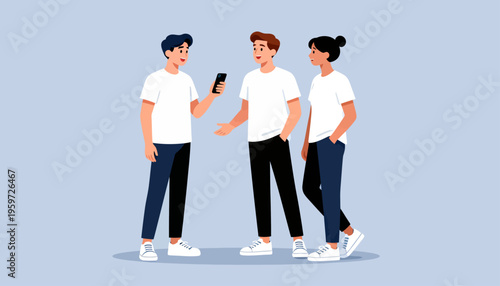 Three friends chat near a phone. One holds the device while others listen. Expressions show casual, friendly engagement. Perfect for social media, team meetings, or youth groups