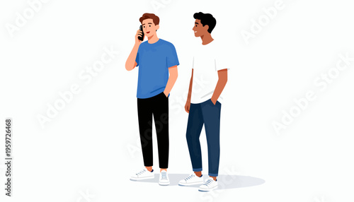 Two men stand chatting on a phone call. One holds the phone near his ear. The other smiles, arms relaxed at his sides. They look engaged and friendly, facing each other. Ideal for communication