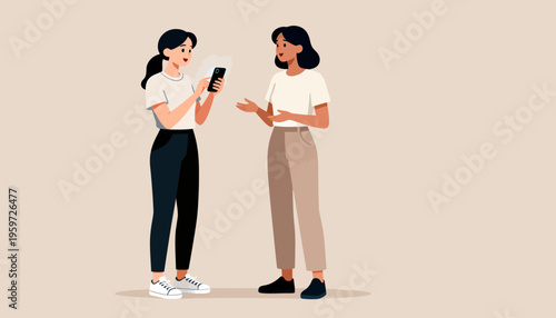 Two women converse, one holding a smartphone. They stand close, engaged in a friendly discussion. The scene suggests teamwork or collaboration. Soft colors and simple lines create a calm