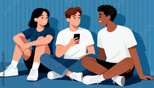 Three friends sit against a blue vertical panel wall. They wear casual clothing and white sneakers. One holds a smartphone while others look at screen. They smile, showing relaxed