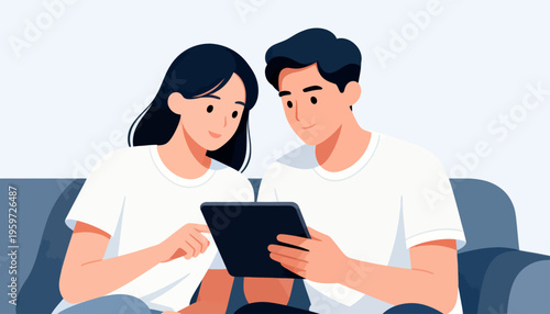 Young couple shares tablet together on cozy couch. Their smiles show shared joy and connection. They focus on screen, suggesting fun or learning together. Ideal for family, education