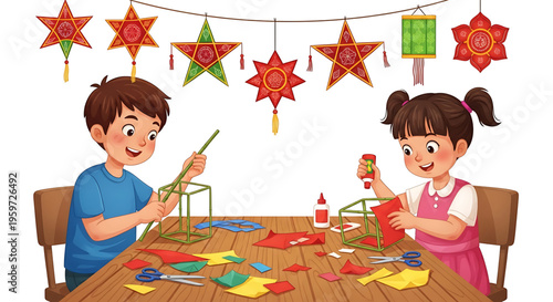Two children engaged in a creative craft activity at a wooden table with colorful decorations