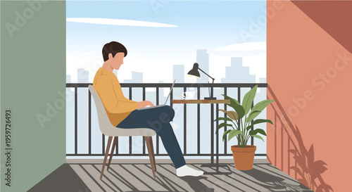 Man working remotely on a laptop from a serene balcony overlooking a modern city skyline