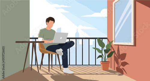 Man working remotely on a laptop from a sunlit balcony with a panoramic city view, enjoying a productive and relaxed outdoor workspace