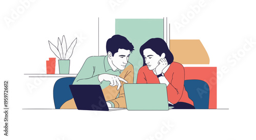 Contemporary illustration of two professionals collaborating on laptops, discussing ideas and problem-solving in a modern office