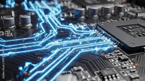 Closeup of circuit board with glowing blue neon electric lines running through it showing connectivity and technology