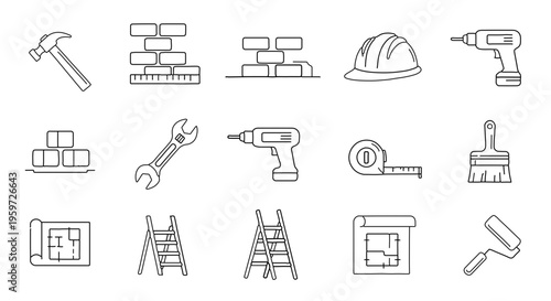 Construction And Renovation Tools And Equipment Line Art Icons