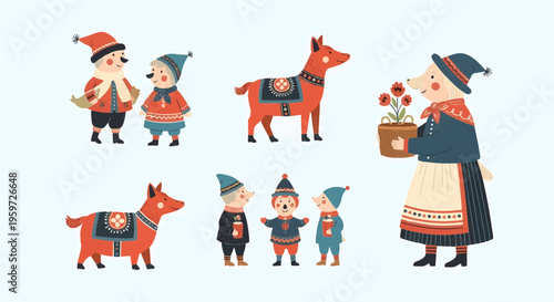 Charming Nordic Folk Art Illustrations Featuring Animals and Characters in Traditional Attire