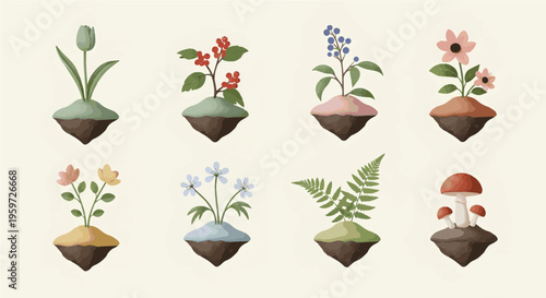 Whimsical Watercolor Botanical Collection Diverse Flora and Fungi Thriving on Floating Miniature Earth Islands