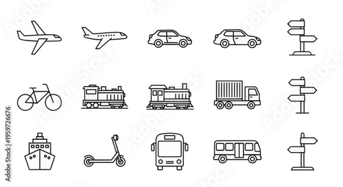 Collection of transport and travel icons, including airplane, car, train, ship, and bus for navigation and mobility concepts