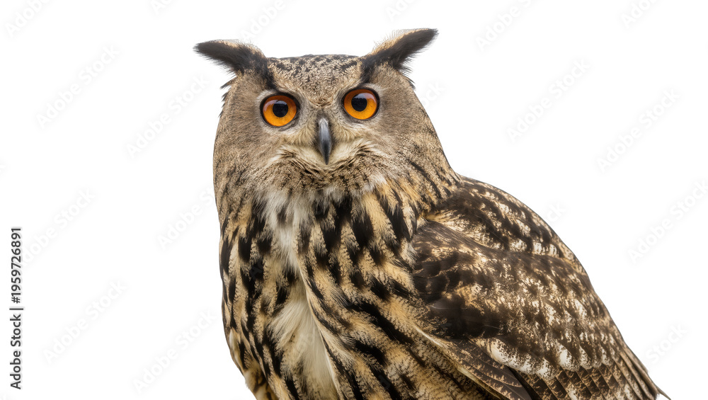 Obraz premium Vibrant Eurasian eagle-owl close-up with intense orange eyes and feathered ear tufts