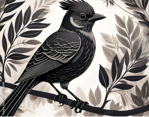 Black Bird on Branch Perched.