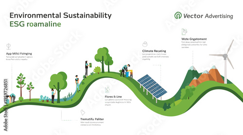A group of businesspeople standing on a green hill, symbolizing growth and harmony with nature.