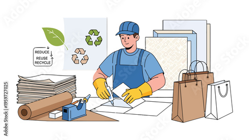 Sustainable Paper Processing: A dedicated individual meticulously handles recycled paper products, signifying the essential process of reduction, reuse, and recycling within an eco-friendly setting.