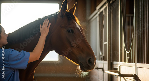 Woman gently grooming her horse in a stable during sunset  