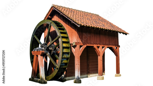 Canvastavla Old rustic watermill building featuring a massive wooden water wheel and classic
