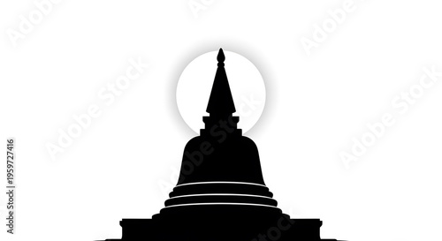 A minimalist vector graphic illustration of a Buddhist temple stupa silhouette with a glowing orb