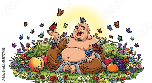 A cartoon illustration of a smiling Buddha sitting in a field of flowers and fruits surrounded by butterflies