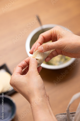 Close-up of hands wrapping gyoza filling in dumpling wrapper on wooden table