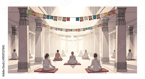A serene vector illustration of people meditating in a peaceful temple with prayer flags