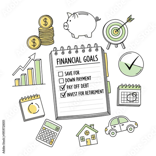 Personal financial planning goals saving, debt payoff, down payment, investment. Hand-drawn illustration with checklist, money, house, car, piggy bank, calculator, and calendar symbols