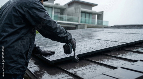 Technician service solar panels on rooftop