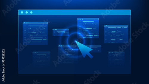 Technology background featuring a digital screen with code interface and cursor arrow, representing software development, programming, coding workflow, web development, and modern digital engineering.