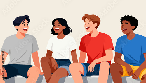 Four friends sit together on a bench, smiling and laughing. Their casual outfits suggest a relaxed, friendly gathering. Each person has a unique hairstyle and expression, showing joy