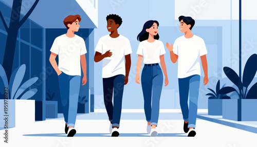 Four friends stroll together in a modern urban setting. They walk side by side, smiling and chatting. Casual white t-shirts and jeans suit their relaxed vibe. Soft blue tones frame the clean