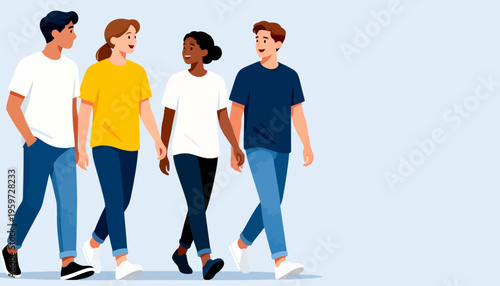 Four diverse friends walk together, smiling and chatting. They stroll side by side, hands linked, sharing joy. Each person wears casual clothes, comfortable and bright