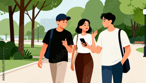 Three friends stroll through a park. They chat, laugh, and share a phone screen. Trees line the path behind them. Bright, sunny, and relaxed. Perfect for social, travel, or friendship themes