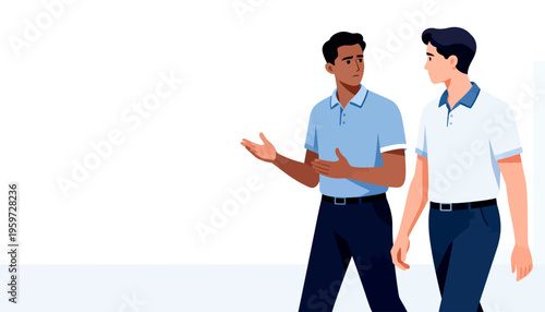 Two men walk side by side, engaged in conversation. One gestures while speaking, suggesting active dialogue. The other listens attentively, showing interest in the topic