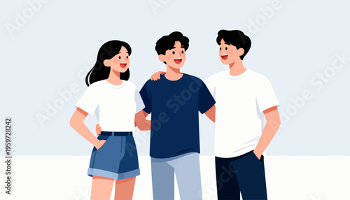 Three friends laugh together in casual attire. They share a joyful, carefree moment. Their smiles suggest warmth and friendship. Ideal for social, wellness, or team-building themes