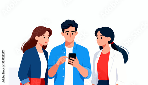 Three people share a moment looking at a smartphone. The man holds the phone, pointing it toward his friends. He wears a blue shirt, showing curiosity. The woman on the left looks amused