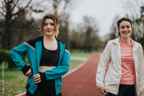 Two women on a running track in a park, dressed in athletic wear. They smile and pose, ready for fitness or lifestyle use.