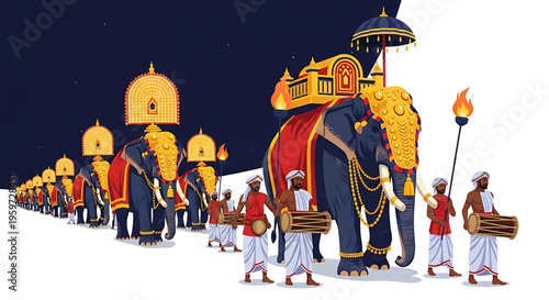 A vibrant procession of decorated elephants and traditional Indian musicians marching in a ceremonial parade at night