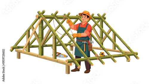 Artisan Crafts Construction: A skilled artisan meticulously works on a bamboo structure, embodying craftsmanship and the art of construction. Capturing dedication to his work.