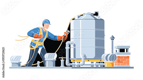 Technician at Work: A diligent technician, equipped with safety gear, attends to a sizable industrial tank on a rooftop, symbolizing dedicated service and technical prowess.