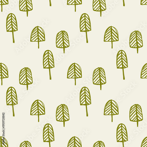 Seamless pattern of hand drawn minimalist pine trees forest in olive green and cream colors for textile and wallpaper
