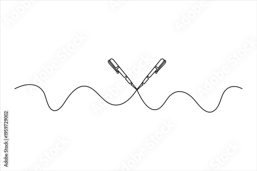 Minimalist continuous line art featuring two ballpoint pens with a flowing, wavy base. Sleek, modern vector illustration for office design.