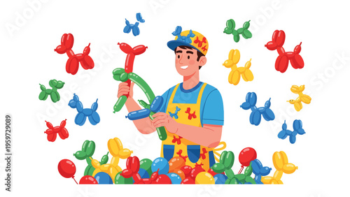 Balloon Artist at Work: A cheerful balloon artist busily crafts whimsical balloon animals, surrounded by colorful creations, ready to delight audiences.