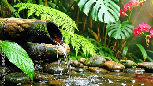 Calm Bamboo Water Stream in Green Garden