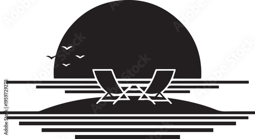 Tropical sunset scene with deck chairs on beach and large sun silhouette over ocean waves for summer vacation travel concept art