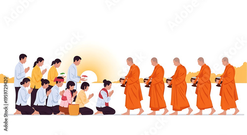 A group of people in traditional Buddhist attire participating in a ceremony at sunset