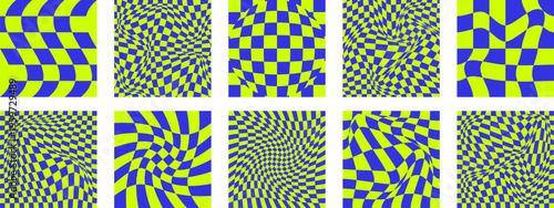 Psychedelic checkerboard wavy pattern set neon acid color in Y2K optical illusion effect