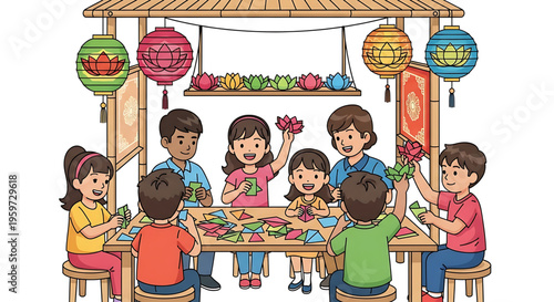 A colorful illustration of children and adults folding paper together under a festive pavilion with lanterns.