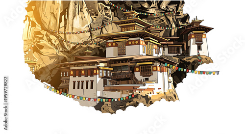 A stunning vector illustration of a Bhutanese monastery perched on a cliffside, surrounded by prayer flags and majestic architecture.