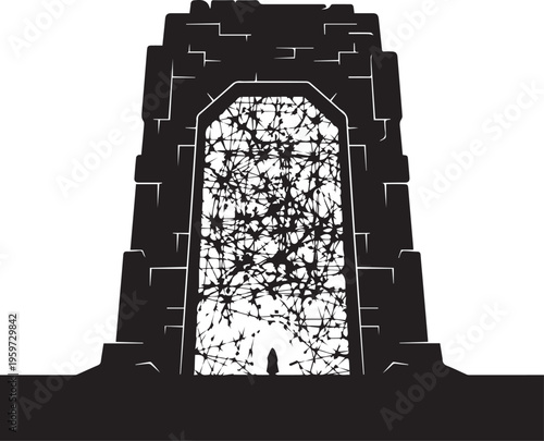 Mysterious ancient stone portal with organic tangled roots and small human figure silhouette for fantasy and adventure concepts